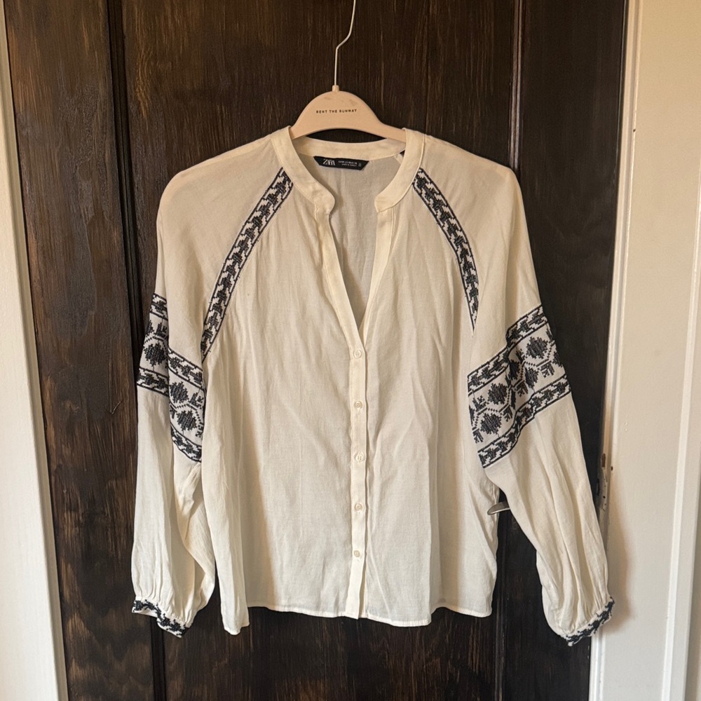 Zara Cream Button-Front Boho Blouse with Black Embroidery